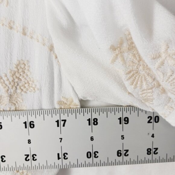 In Loom, Boho Top, Small, White with Tan Embroidery Detail and Lace Trim, Beachy - Picture 11 of 16
